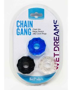 Chain Gang Erection Rings eaches. Individually wrapped cock rings in three assorted colors: Black Blue and Clear. Chain up your member in hard core style with these fun Chain link super stretch silicone love rings. Chain Link Mega Stretch Jelly Cock Rings