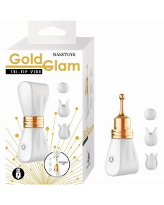 Gold Glam Tri-Tip Vibe White – Elegant 3-Point Stimulator for Intense Pleasure box display