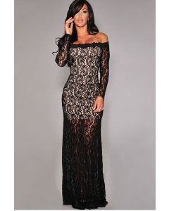 Formal Party Dresses Black Long Sleeve Lace Gown Nude Illusion Off-Shoulder 