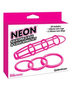Neon Silicone Cage and Love Ring Set Pink Pipedream