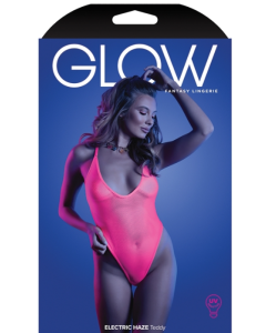 Fantasy Lingerie Glow Electric Haze Teddy Neon Pink Thong Cut Back