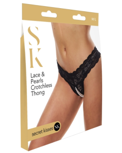 Secret Kisses Lace And Pearls Crotchless Thong Black Foreplay Panty