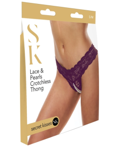 Secret Kisses Lace And Pearls Crotchless Thong Foreplay Panty Purple