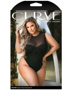 Curve Fantasy Lingerie Raven High Neck Bodysuit Black Snap Crotch
