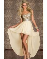 Strapless Short Front Long Back Cocktail Dresses Gold Sequined Lace Top Robe 6605