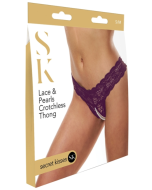 Secret Kisses Lace And Pearls Crotchless Thong Foreplay Panty Purple