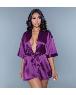 Sexy Satin Robe Hot Purple Sleeves Sash