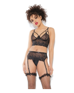 Coquette Longline Bra Garter Belt G String Set Black Adjustable