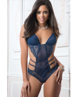 Gworld 2PC Mask Up Lace Strappy Teddy Blue One Size Sheer Mesh