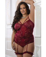 Gworld 2PC Floral Lace Strappy Garter Teddy Sheer Plunge Wine Queen