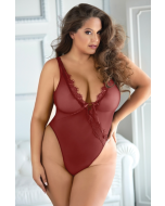 Mesh Eyelash Lace Teddy Burgundy Criss Cross Straps Lingerie Allure