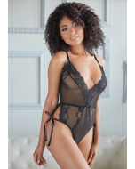 Allure Lace And Mesh Tie Up Romper Black Deep V Front Sheer Back 